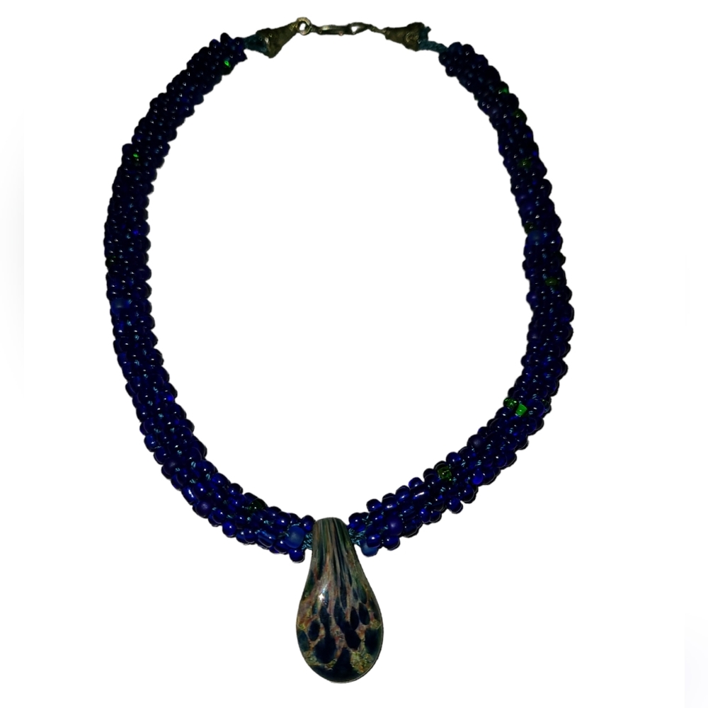Handmade Blue Lapis Beaded Necklace Glass Pendant 18"